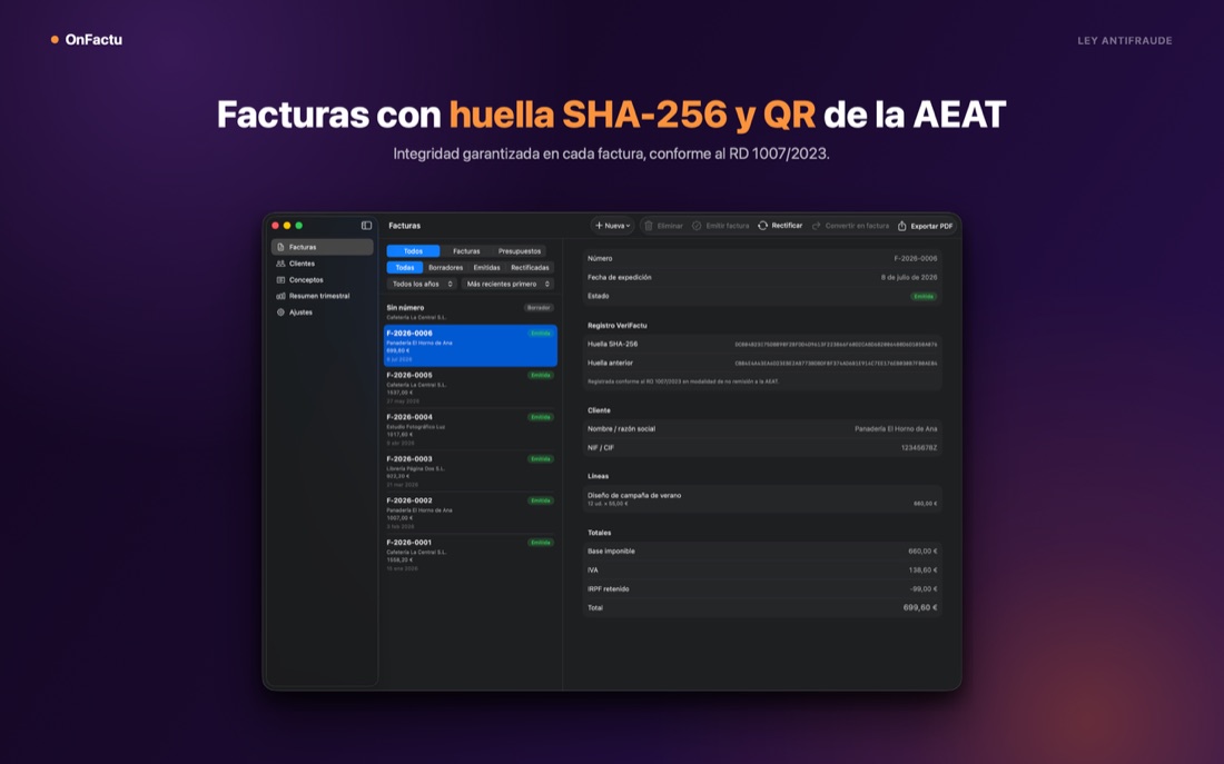 OnFactu: facturas con huella SHA-256 y QR de la AEAT