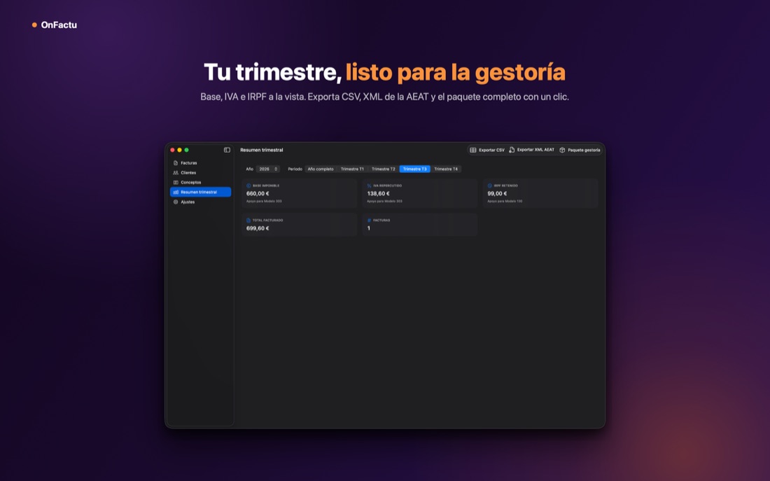 OnFactu: resumen del trimestre listo para la gestoría