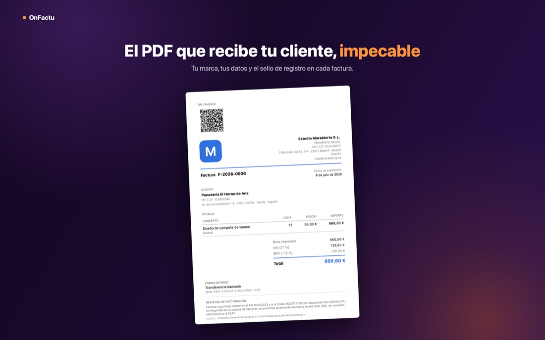 Factura de OnFactu con código QR de la AEAT, lista para el cliente