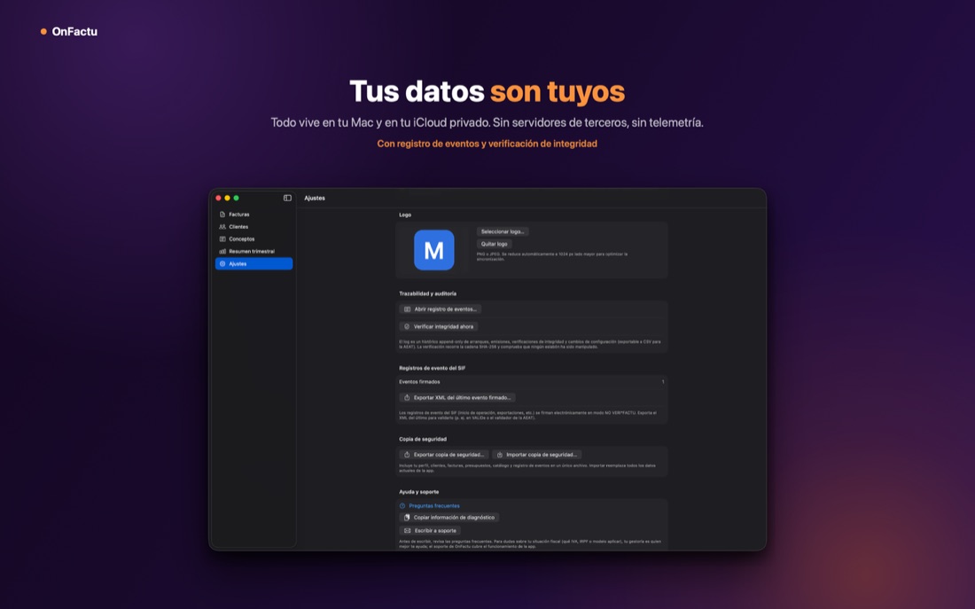 OnFactu: tus datos en tu Mac y tu iCloud privado, sin servidores ni telemetría